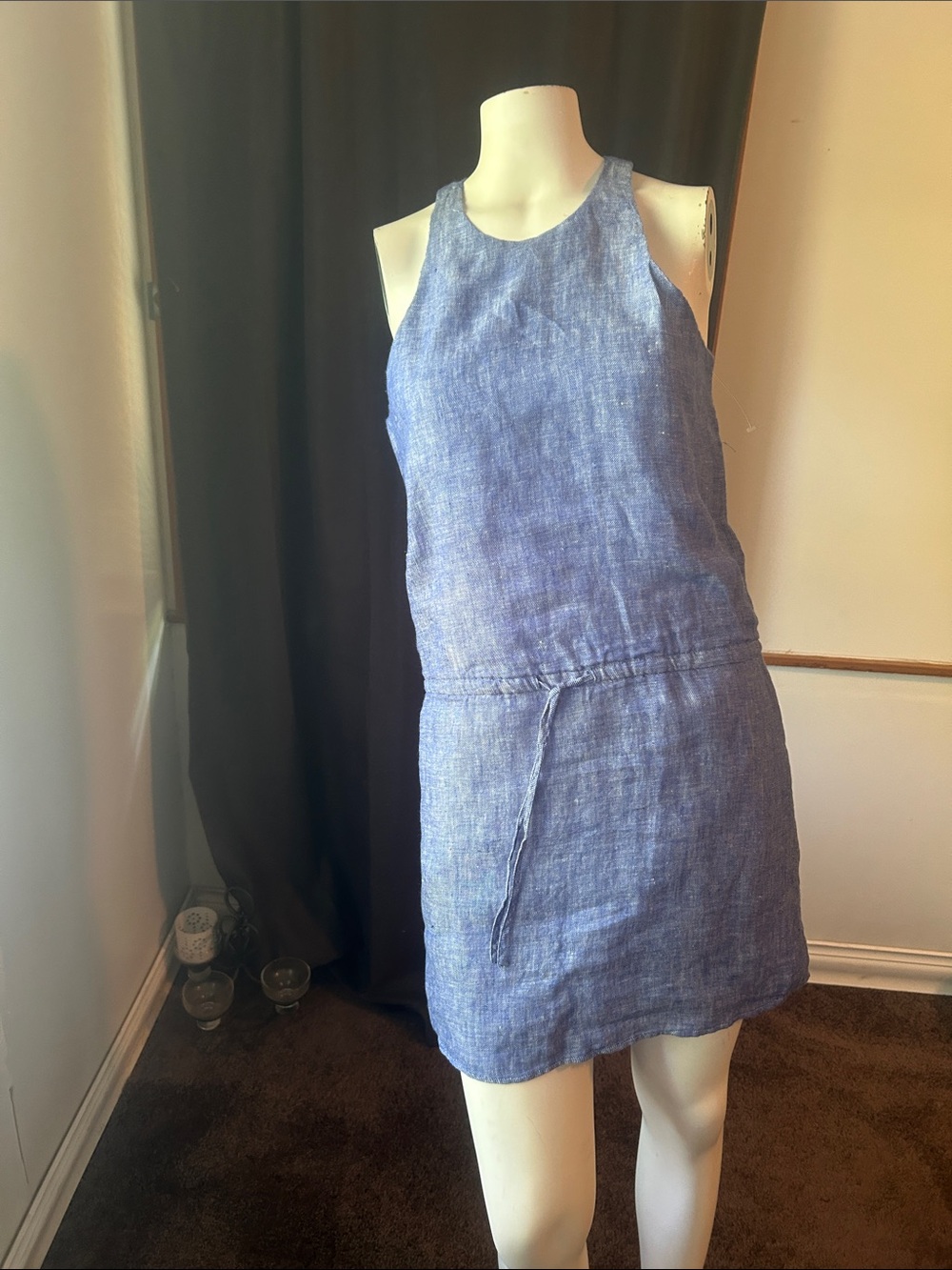 Joie Diega B Linen Plaza blue sleeveless drawstring waist mini dress